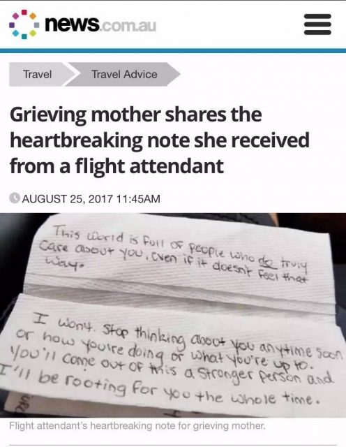 她飛去埋葬兒子，空乘哥給她一紙條，打開後驚奇發現